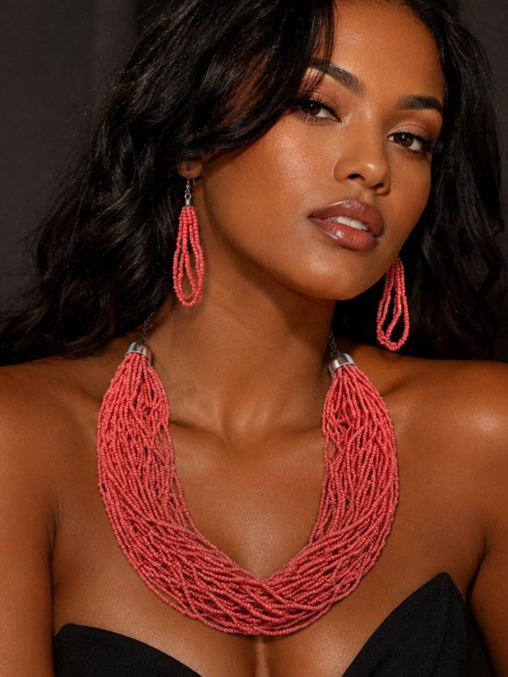Coral Red Beaded Earrings & Necklace Set